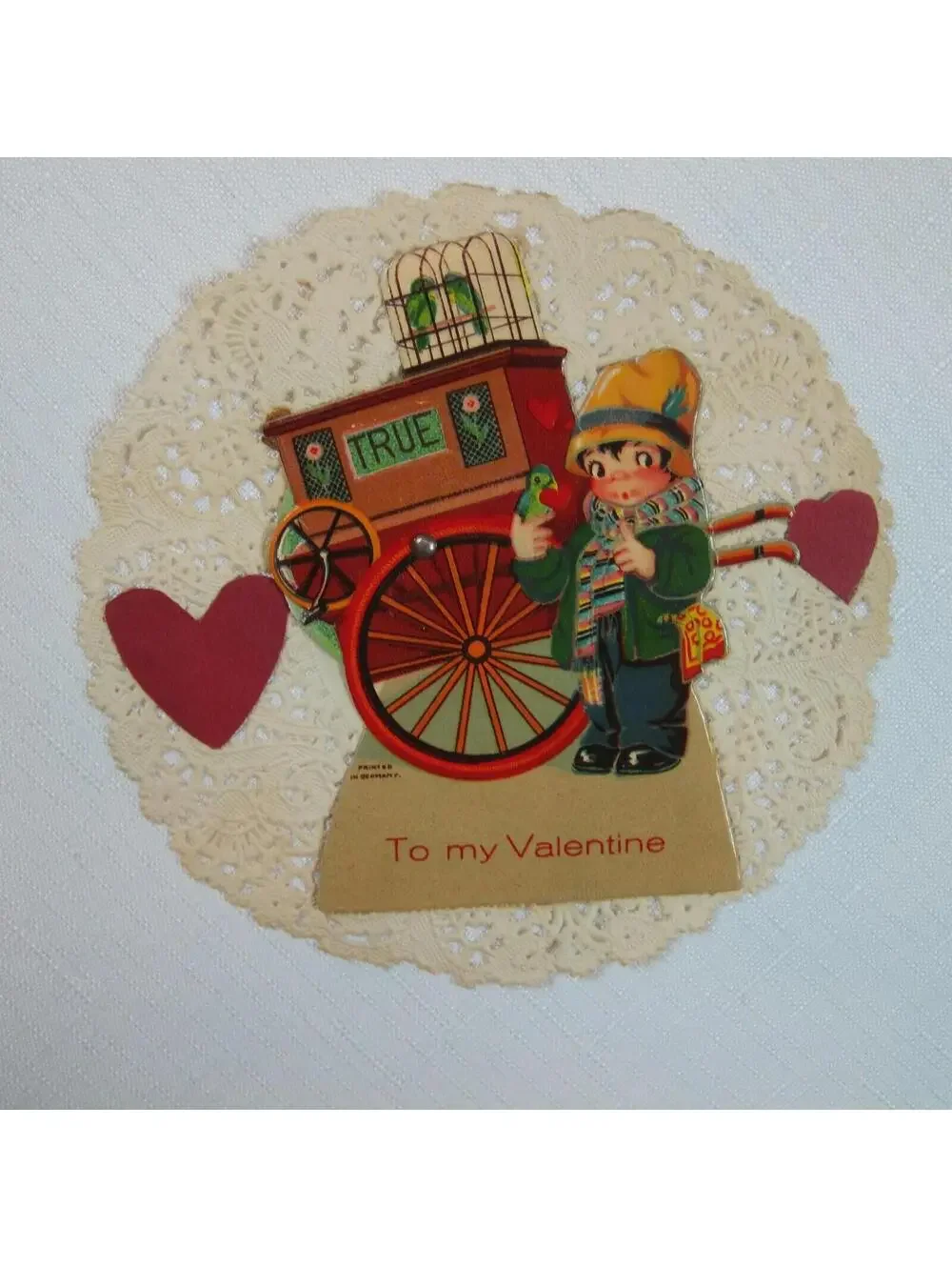 Vintage 1931 Valentine Card Mechanical Boy w/ Birds Wagon Own True Love Germany